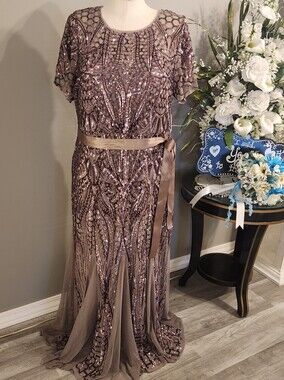 Embroidered Sequin Mocha Evening Dress with Sash. For Mother Of The Bride